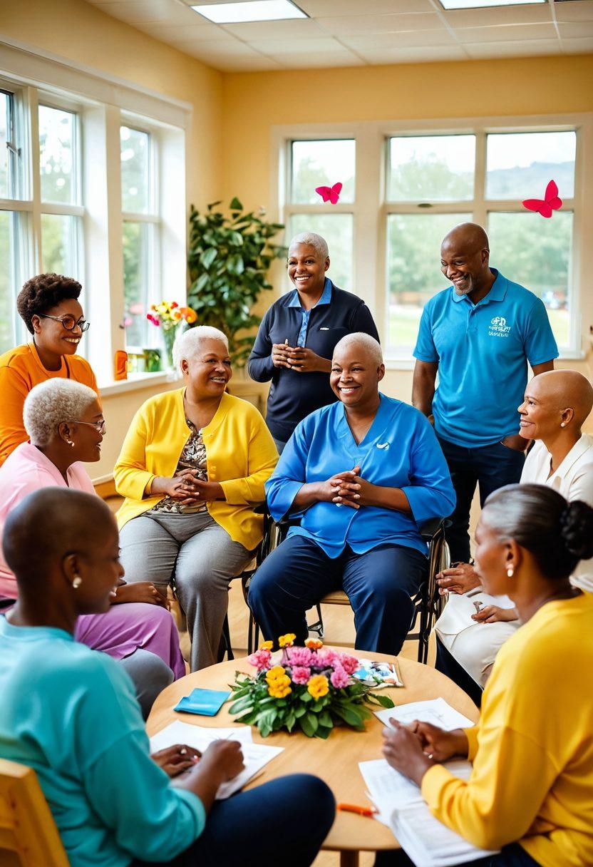A warm and inviting scene depicting a diverse group of cancer survivors in a lively community center, engaged in various supportive activities such as group discussions, educational workshops, and creative art sessions. Incorporate symbols of hope and resilience like butterflies and blooming flowers. Emphasize a sense of camaraderie and empowerment, with bright and uplifting colors. super-realistic. vibrant colors. warm tones.
