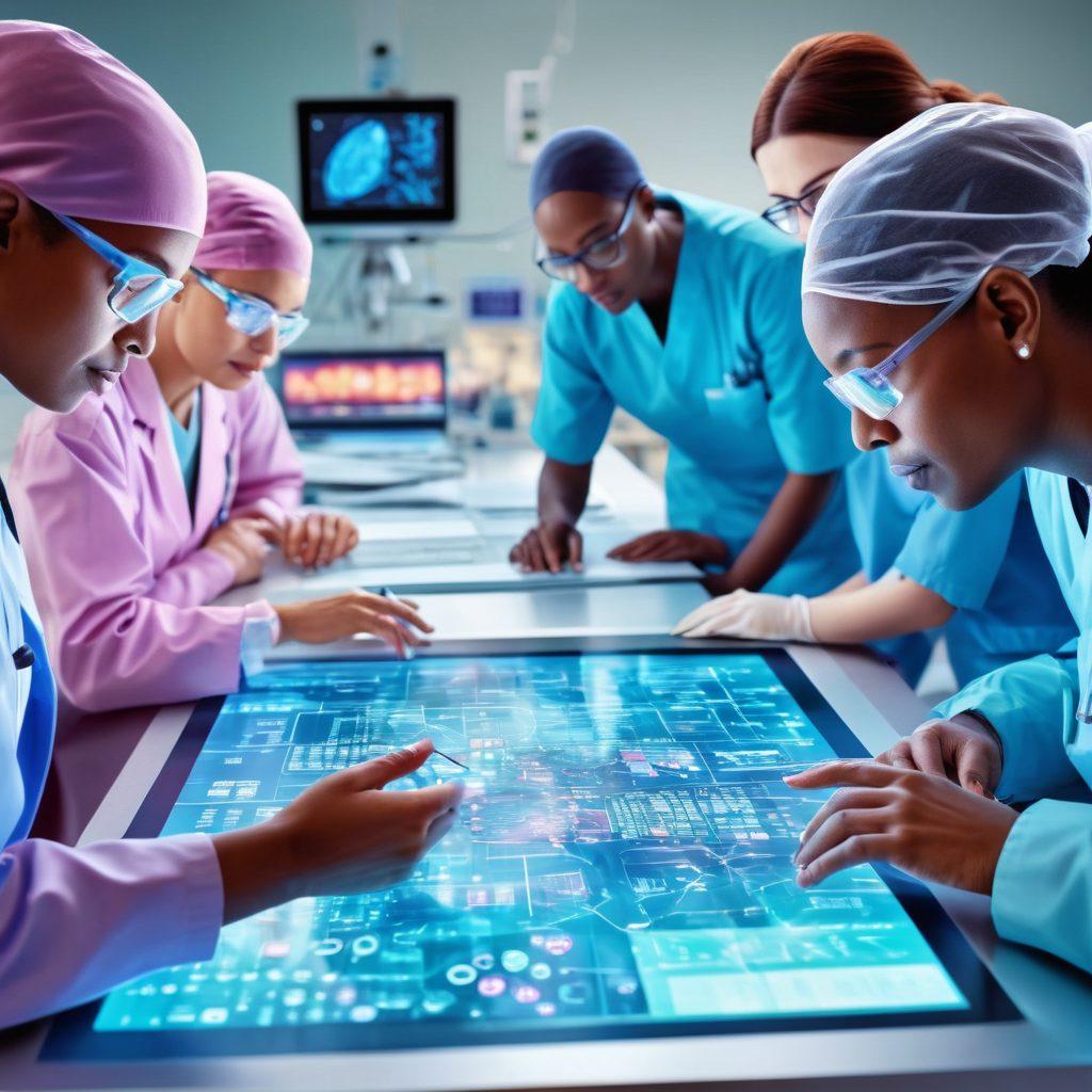A vibrant illustration depicting a diverse team of healthcare professionals collaborating over a digital table filled with advanced oncology research data. Include holographic representations of cancer cells and treatment strategies, with a background showcasing a modern hospital environment. Show compassion and innovation through their expressions and interactions. super-realistic. vibrant colors. 3D.