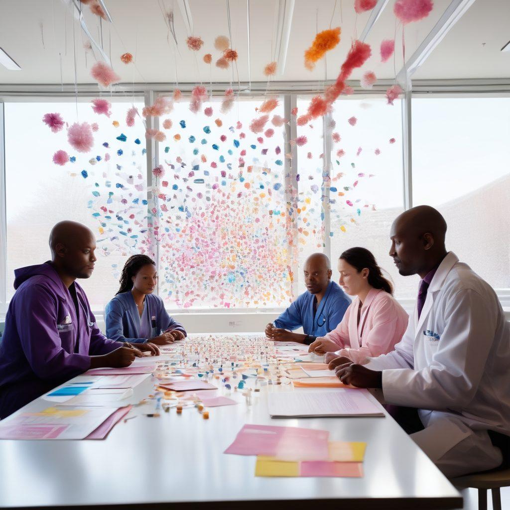 A visually striking representation of diverse individuals, including patients and advocates, gathering around a table filled with vibrant, colorful cancer research papers and models of cells. In the background, a modern laboratory setting with advanced technology embodies the forefront of cancer research. Soft light cascading through large windows symbolizes hope and empowerment. The atmosphere is collaborative and optimistic, highlighting the journey of understanding and fighting cancer together. super-realistic. vibrant colors. white background.